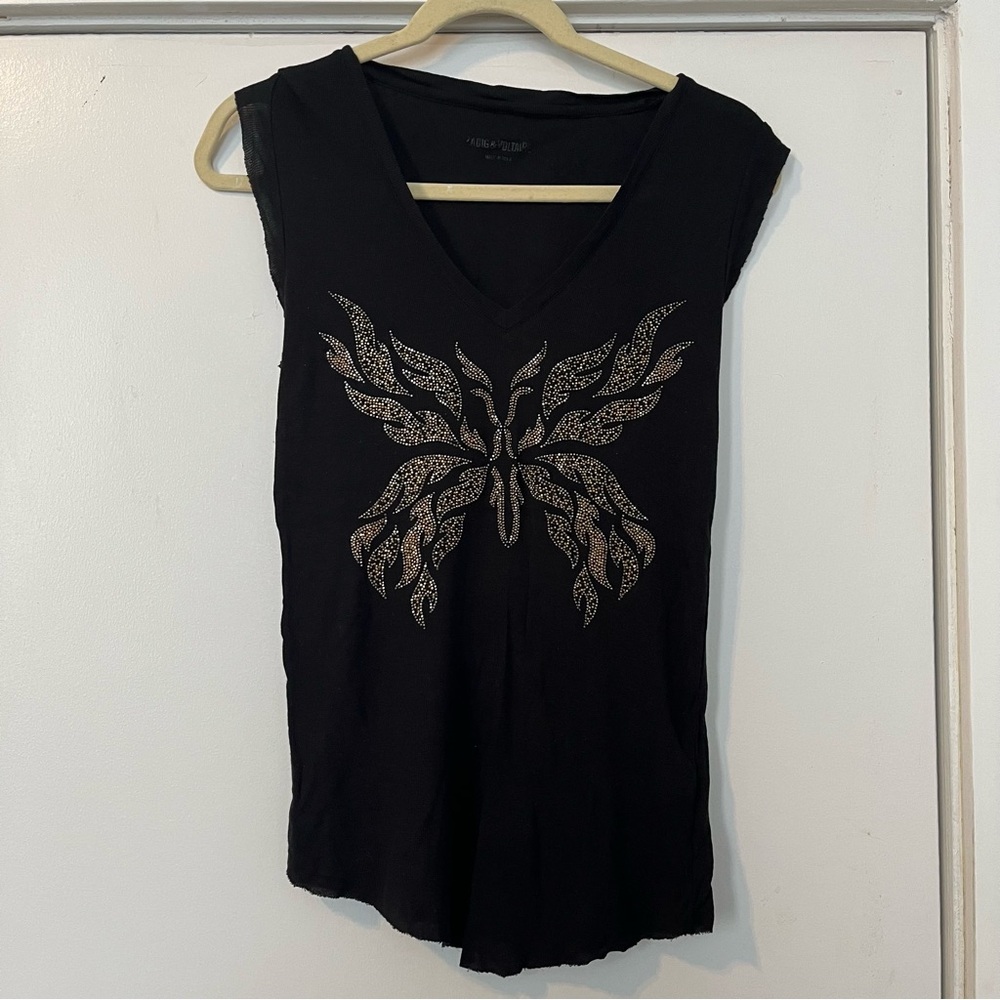 Zadig & Voltaire Black tank top with Gold Silver Rhibestone bedazzle Butterfly